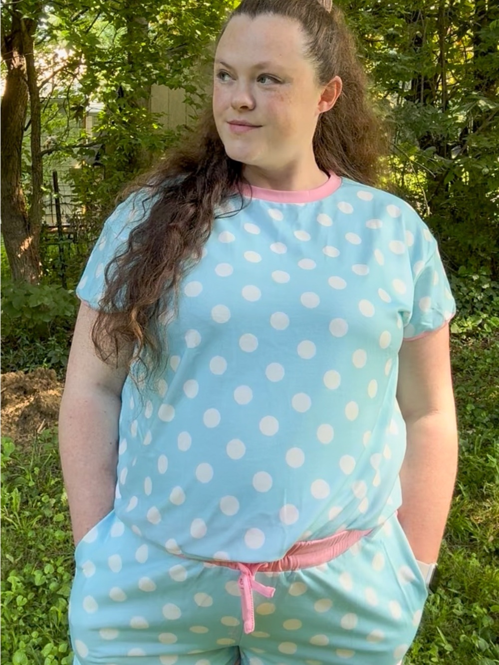 Plus Sized Polka Dot Short Sleeve Tee in Light Blue with Pink Trim
